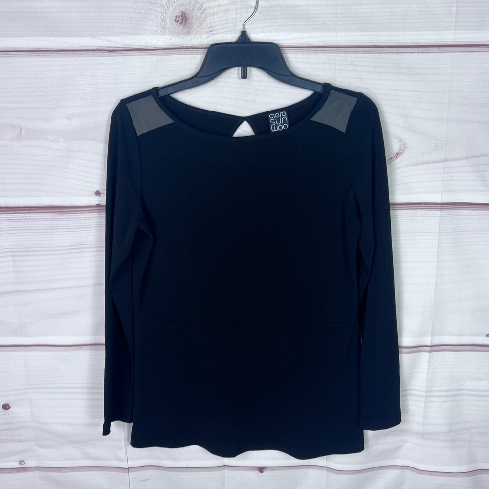 Clara Sun Woo Top Womens XS Black Long Sleeve Blouse Peplum Boat Neck Knit Solid